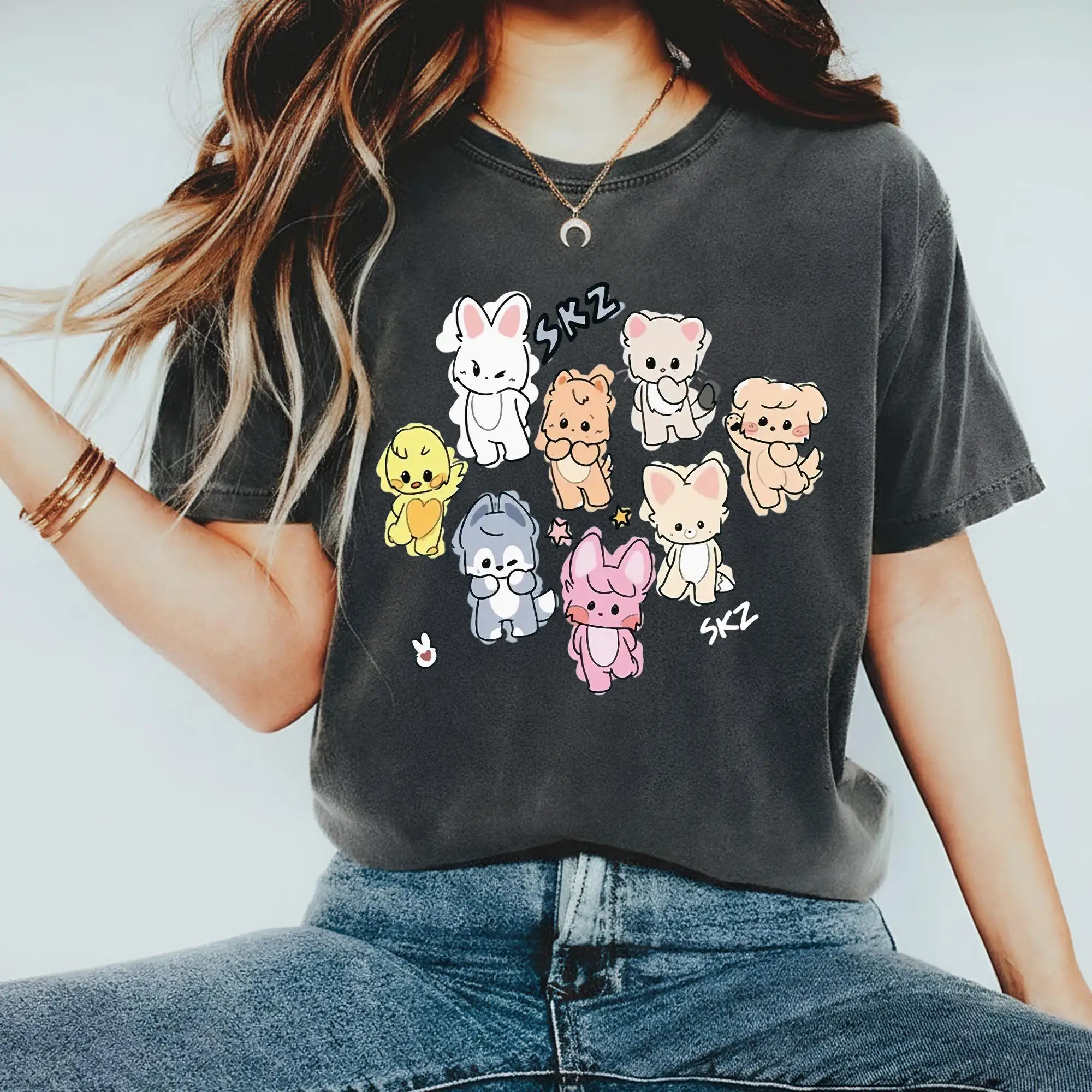 Stray Kids SKZOO World Tour Cartoon Fans T-Shirt für Männer und Frauen, Sommer-Baumwollkleidung, modisches Kurzarm-Shirt, Streetwear