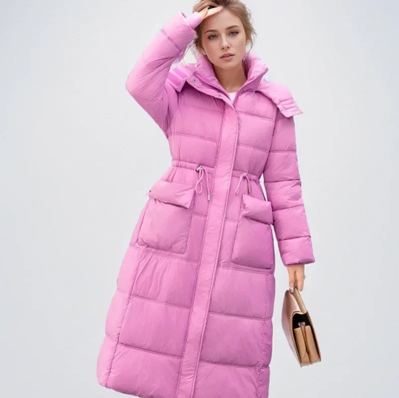 2024 New Winter Thicken Down Cotton Jacket Woman Long Coat Hooded Big Pockets Zipper Waist Drawstring Warm Coat Female Overcoat