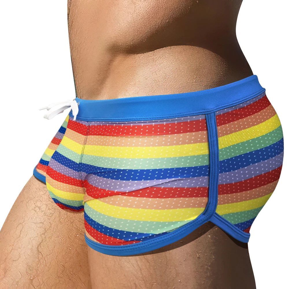 Summer Side Split Mens Swimwear Sexy U Pouch Rainbow Beach Swimming Trunks Nylon Quick Dry Board Shorts Male Sport Bathing Suit