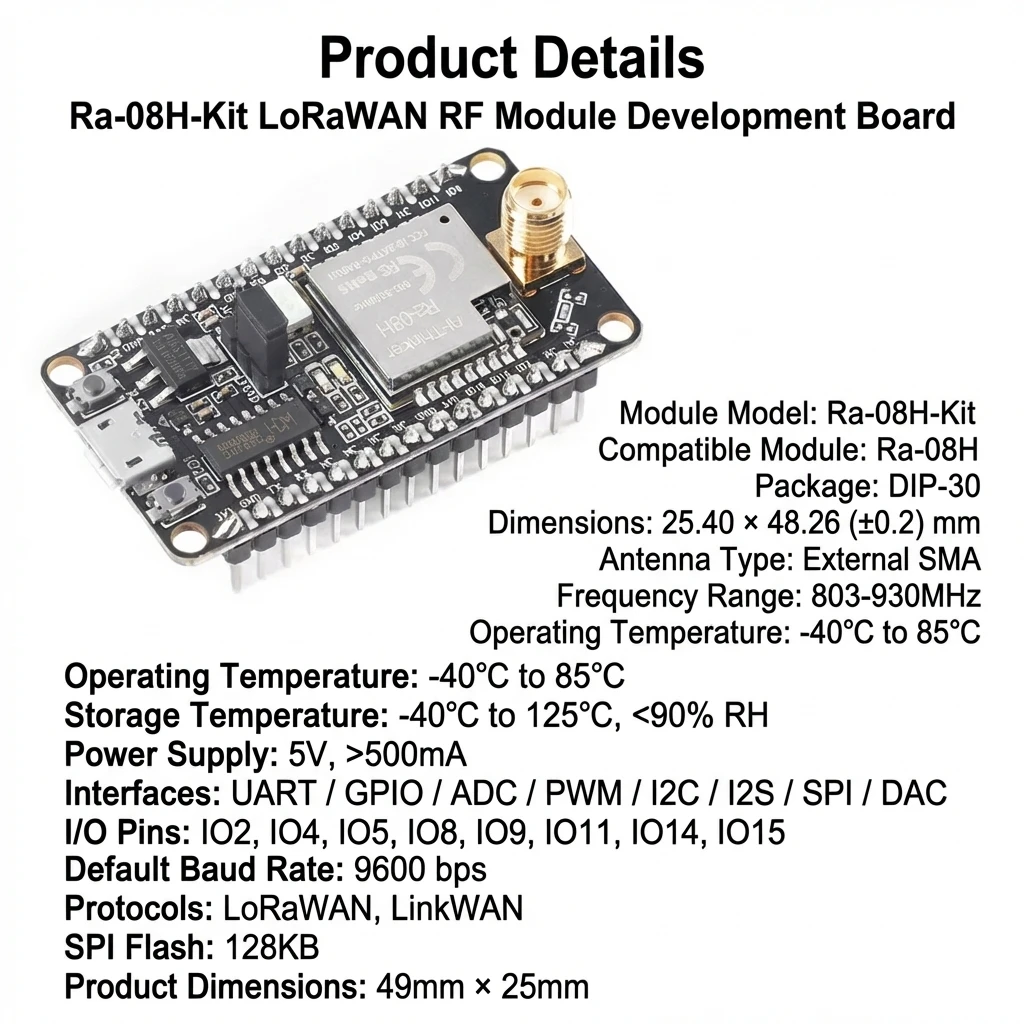 Ra-08H-Kit LoRaWAN RF Development Board with MCU 803-930MHz SMA 915MHz Antenna UART GPIO SPI I2C Module