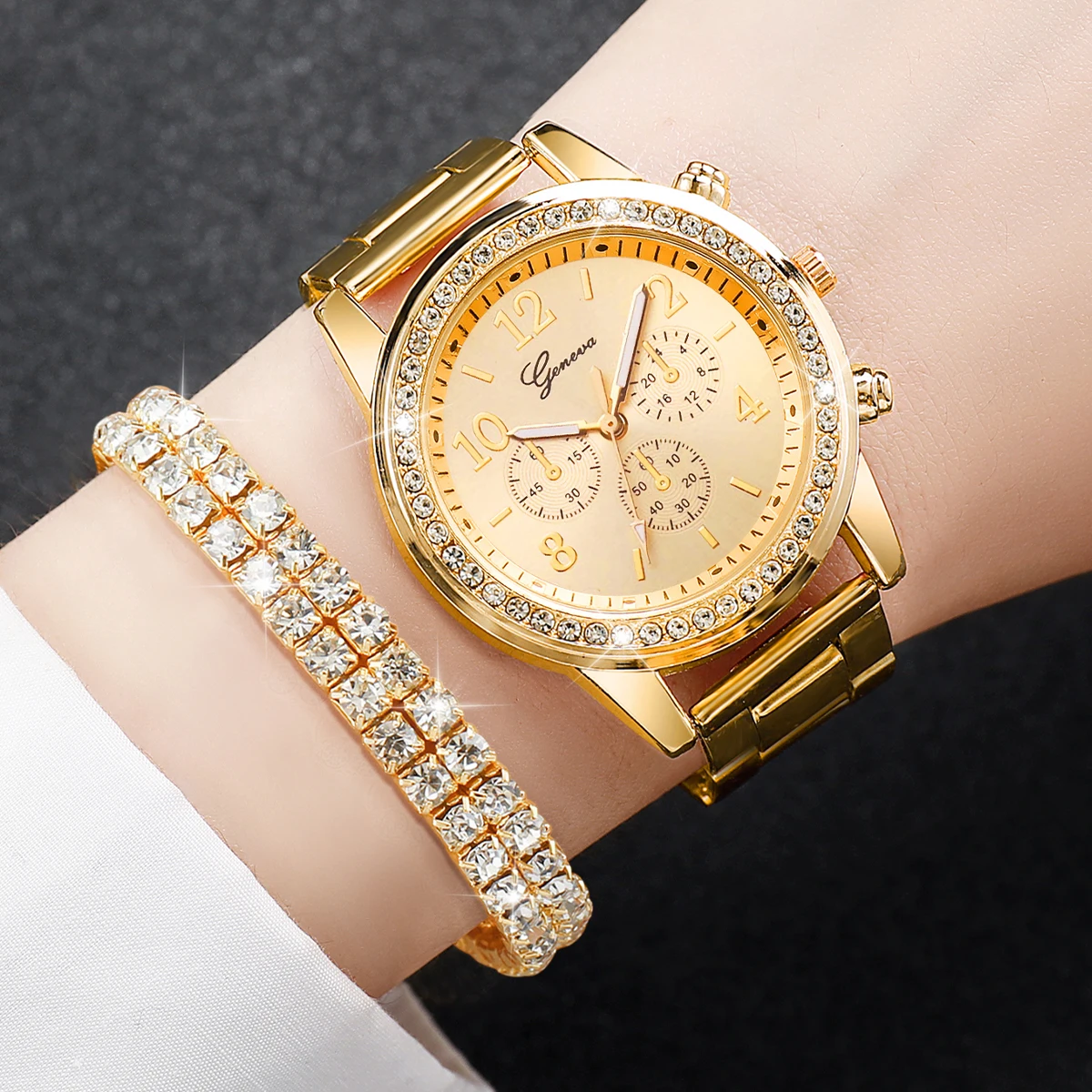 Relógios de pulso de quartzo com strass para mulheres,pulseira de aço dourado,pulseira de diamante sem caixa, fashion, 2PCs