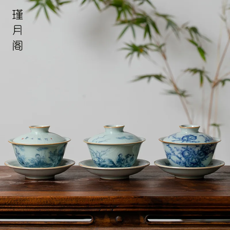 Azure Ru Ware Longevity Peach Gaiwan Gracked Glaze Supportable Single Large Blue and White Ru-Porcelain Household Porcelain Set