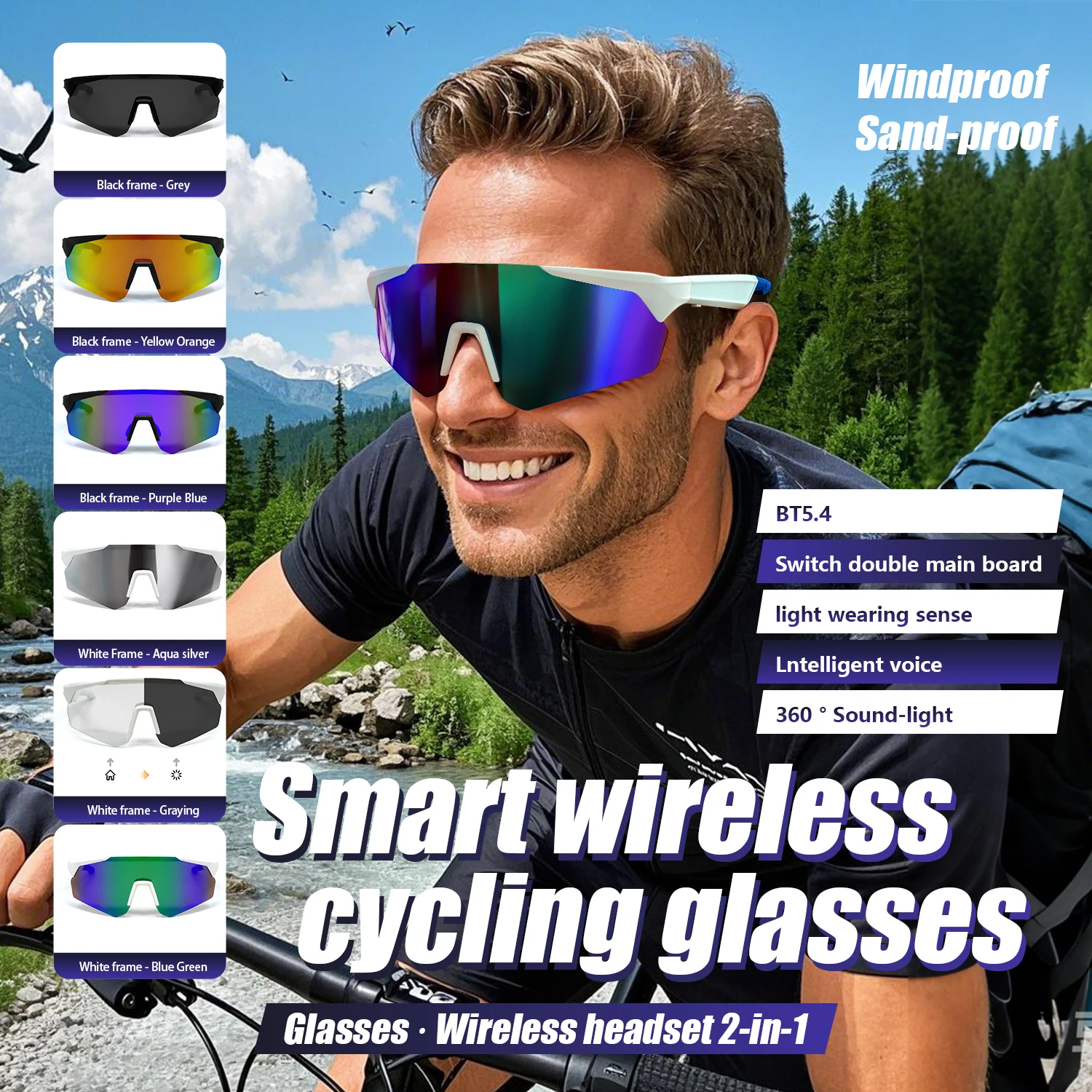 Occhiali intelligenti Protezione UV 100+ Lingua online AI Traduzione automatica del dialogo Occhiali Bluetooth con altoparlante Ciclismo Sport