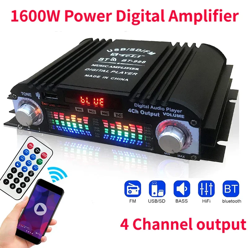 HiFi Sound Amplifier Digital 4 Channel Audio Amplifier 1600W Peak Power Bluetooth Karaoke Player FM Radio Support Remote Control