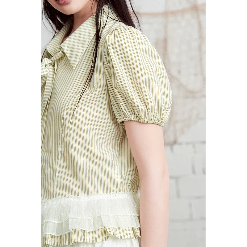 ELFSACK Striped Ruffle Hem Button Down Shirt Puff Sleeve Mesh Trim Blouse Sweet Preppy Casual Top for Women
