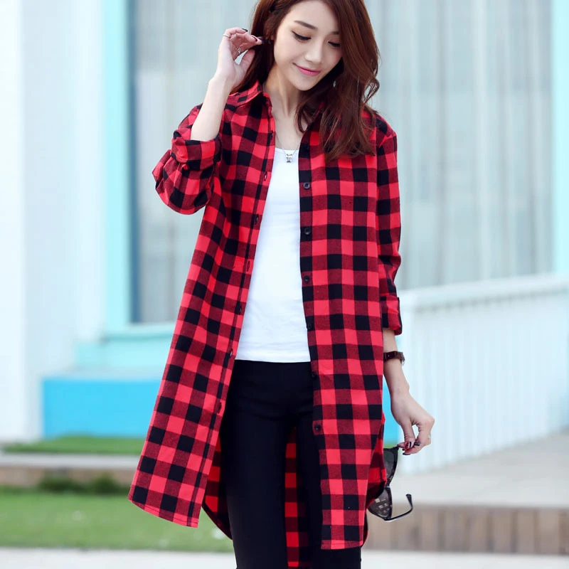 2022 Autumn Winter New Women Loose Plus Long Style Shirts Female Long Sleeve Red Green Blue Casual Plaid Shirt Tops Lady Clothes