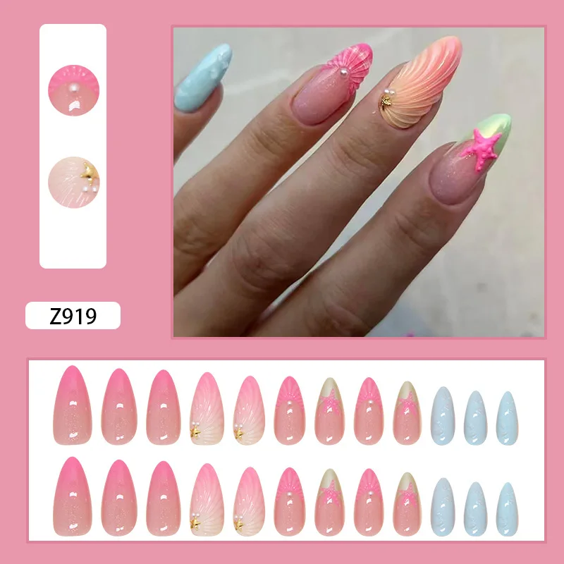 24pcs Summer Fake Nail Tips 3D Shells Seastar Decors Press On Nails Pink Blue Detachable Almond False Nail Patches For Holiday