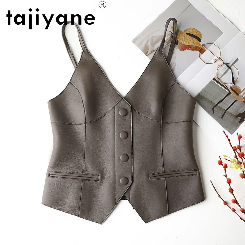 TAJIYANE Genuine Sheepskin Leather Blazer Vest Woman V-neck Sleeveless Waistcoat Women's Tanks Top Fashion Cropped Feminino 2026