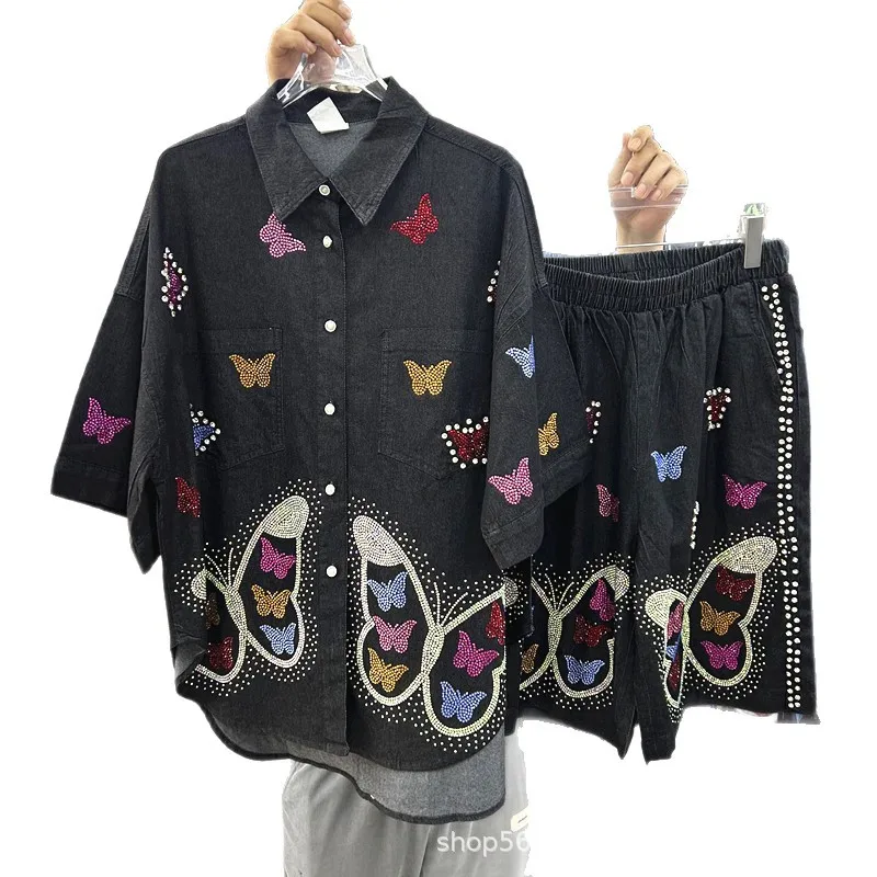 أزياء الربيع الصيف النساء الدنيم مجموعات الساخن الحفر فراشة فضفاضة قصيرة الأكمام قميص أعلى + الخرز مرونة الخصر واسعة الساق السراويل