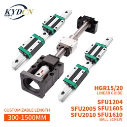 KYDCN 1 set HGR15 HGR20 linear guide+ SFU1204 SFU1605 SFU1610 SFU2005 SFU2010 L300-1500mm ball screw Kit+Motor base for CNC part