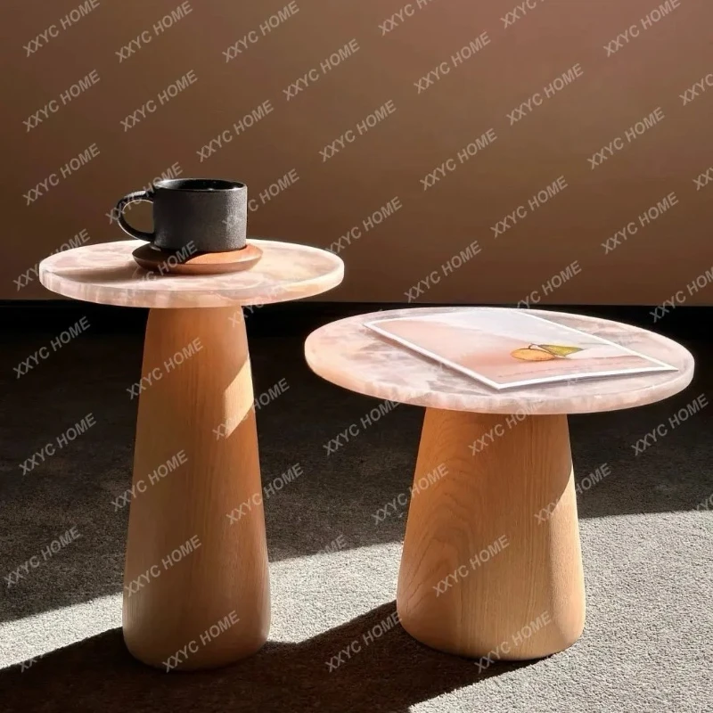 A Retro Pink Crystal Luxury Stone Edge Natural Marble Coffee Table Minimalist