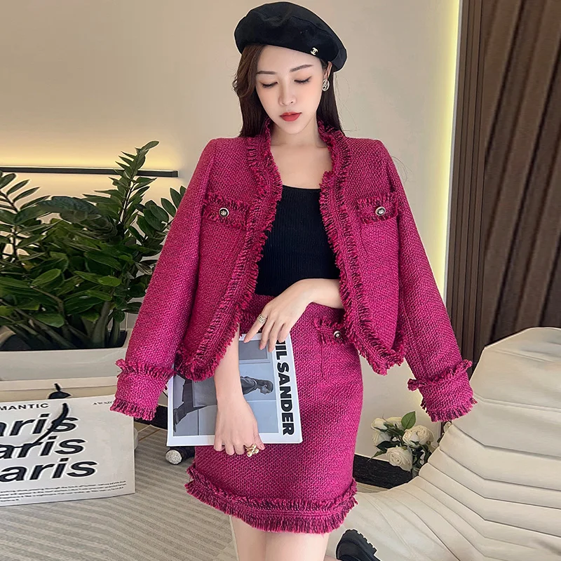 Women Vintage Elegant Tassel Prom Party Suit Jacket Coat And Skirt Two Piece Set Y2K Outfit 2023 Winter Jacquard Tweed Clothing