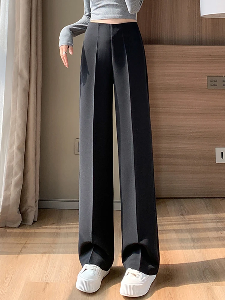 White Pleated Slim Fashion Full Length Women Wide Leg Pants Autumn Simple Casual High Waist 3-colors Female Suit Pants