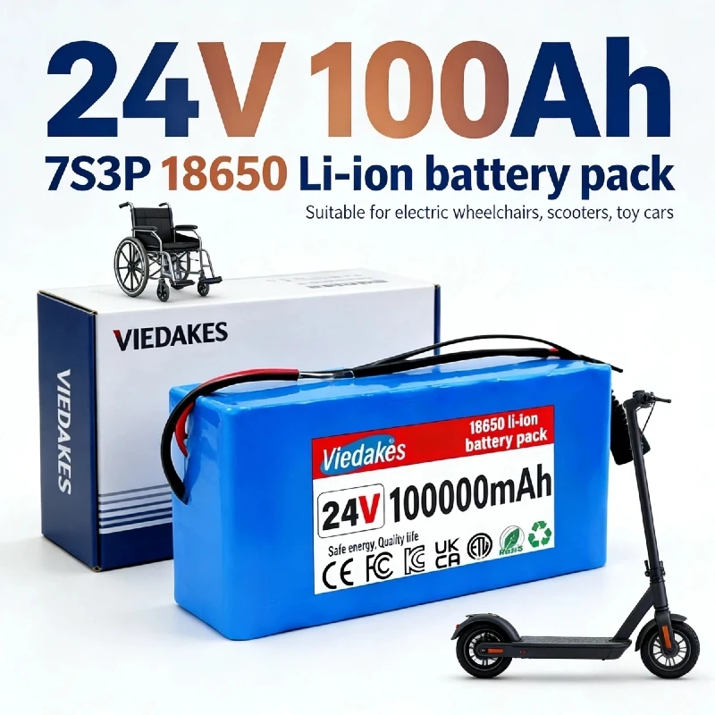 

24V 100Ah 7S3P 18650 Rechargeable Battery with 29.4V 2A Charger for Electric Wheelchair, Scooter, Mobility, Power Backup
