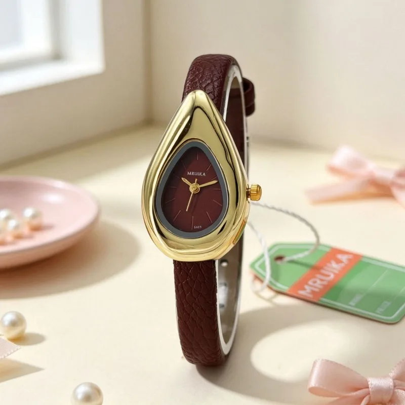 Hot Sale New Design Irregular Water Drop Dial Quartz Watch Ladies Retro Soft Leather Strap Wristwatch Female Dress Clock Gifts view 5