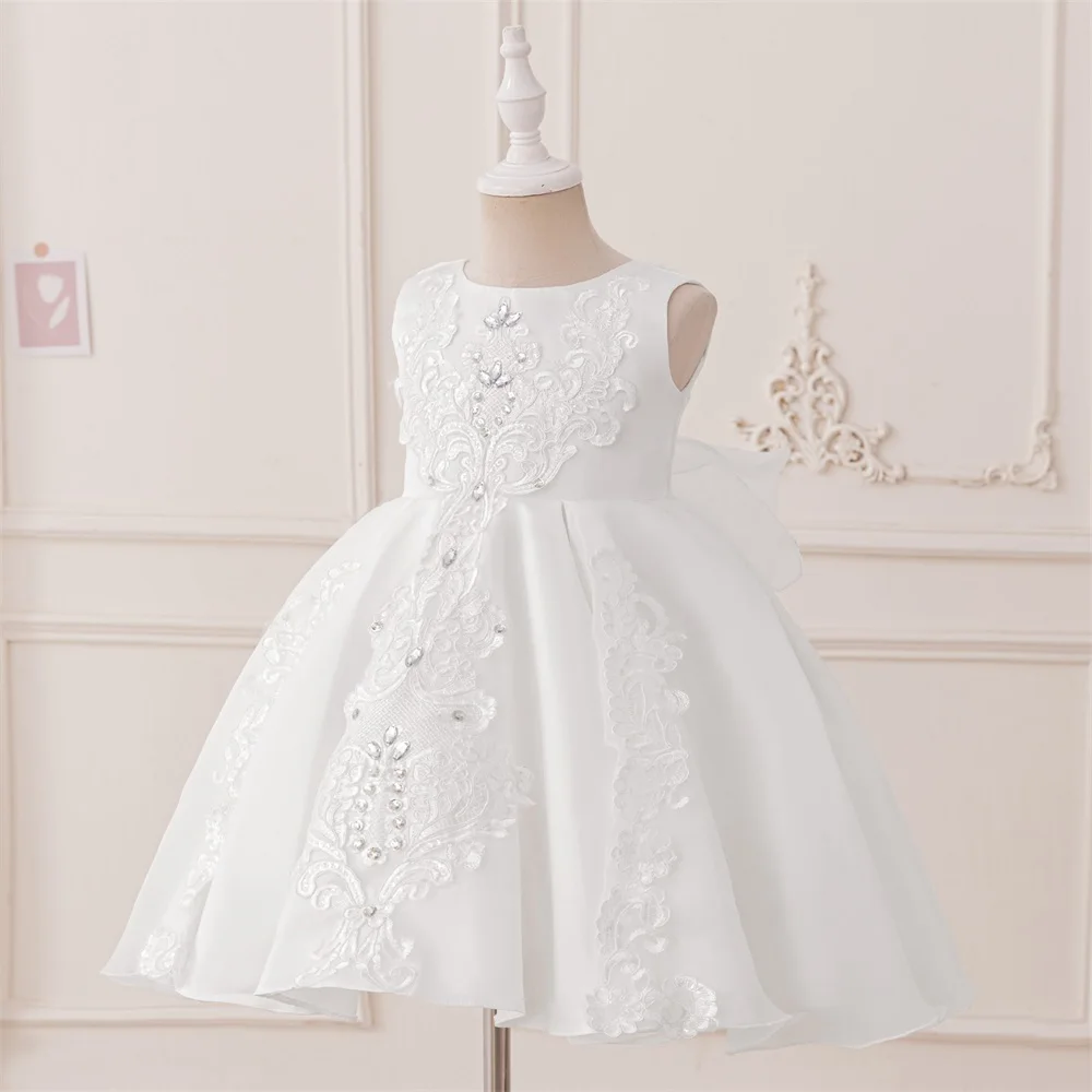 Formal White 1 Year Birthday Dress For Baby Girl Clothes Bow Baptism Princess Dress Elegant Beads Girls Party Gown Vestido 0-4Y