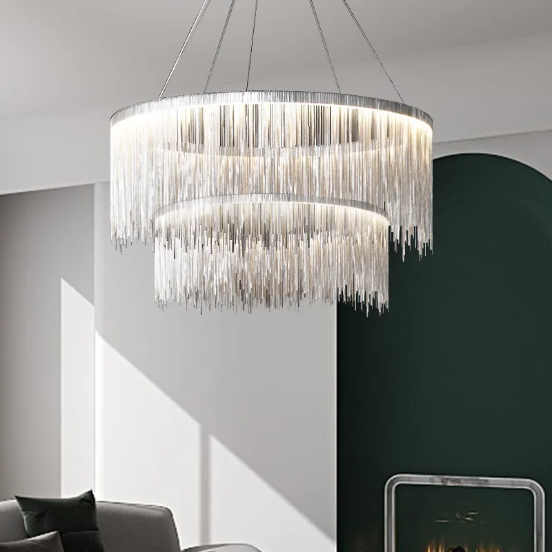 

Modern Luxury Silver Tassel Chandelier Nordic Ring hanging lamp Living Room Villa Hotel Showroom Bedroom kitchen island Lighting
