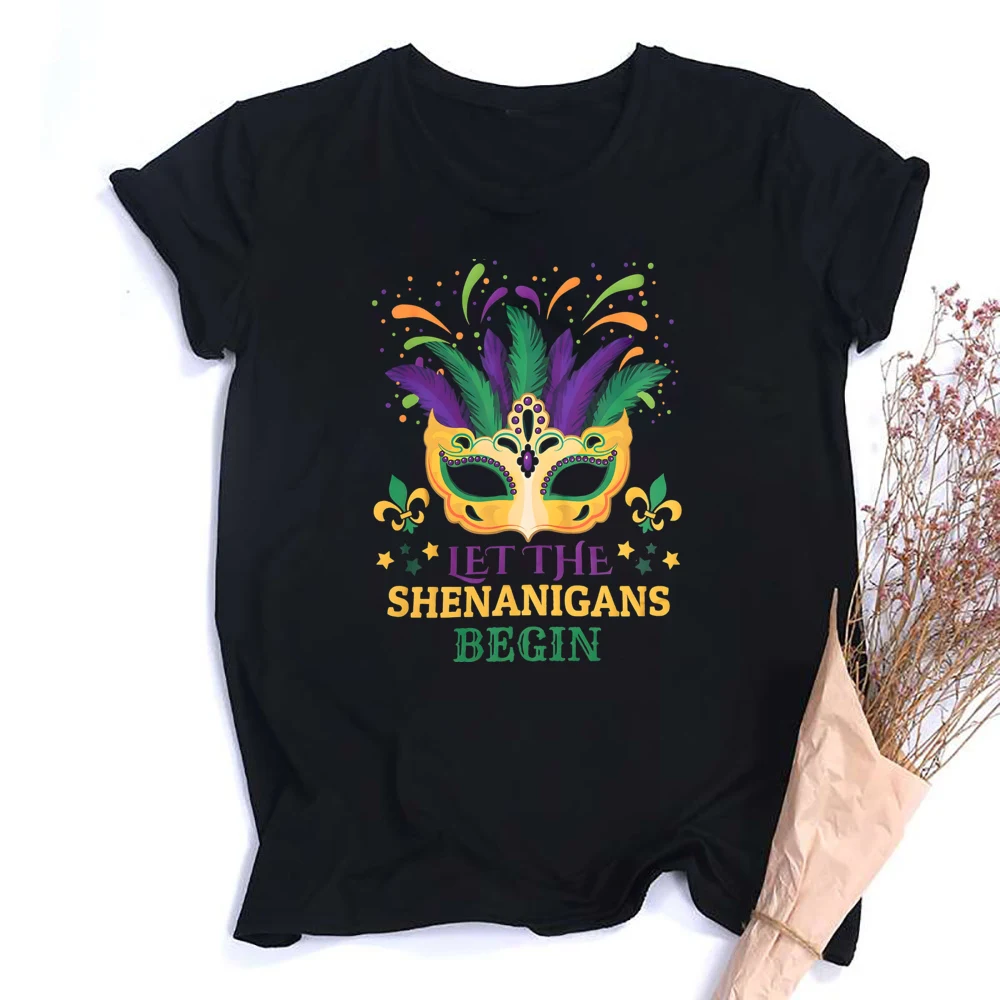 Camisa de Mardi Gras Deixe os Shenanigans comemem camisas femininas manga curta máscara de Mardi Gras camiseta máscara gráfica engraçada camiseta superior