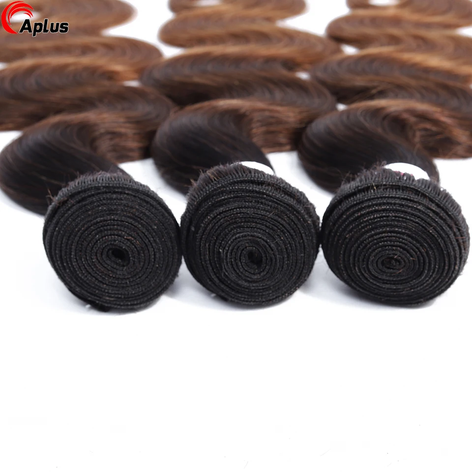 Aplus-Ombre Body Wave Bundles com Fecho, Cabelo Humano Cru, Cabelo Brasileiro Colorido, 3 Tone, T1B, 4, 30