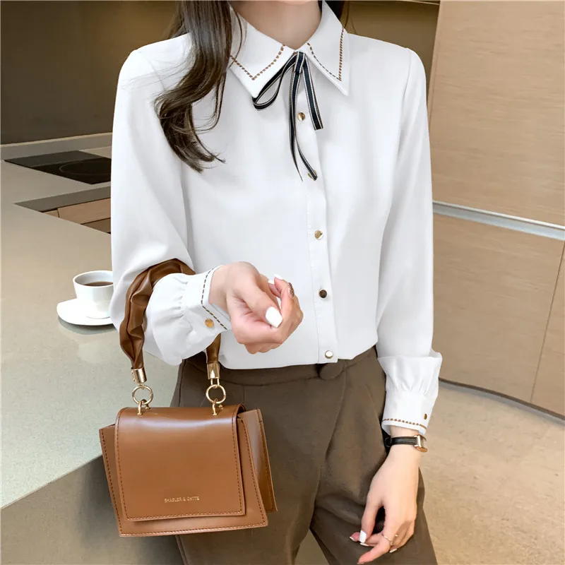 

2024 New Bow Tie Blouse Women Embroidered Long Sleeve Women Shirt Unique Fashion Polo-Neck Womens Tops Solid OL Female Clothing