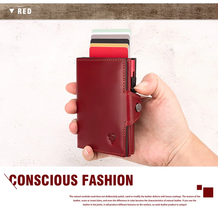HUMERPAUL Herren-Kartenhalter mit Geldfach, Crazy Horse-Leder, Pop-Up, minimalistische Geldbörse, RFID-blockierendes, schlankes Bankkartenetui aus Metall – Detail 17