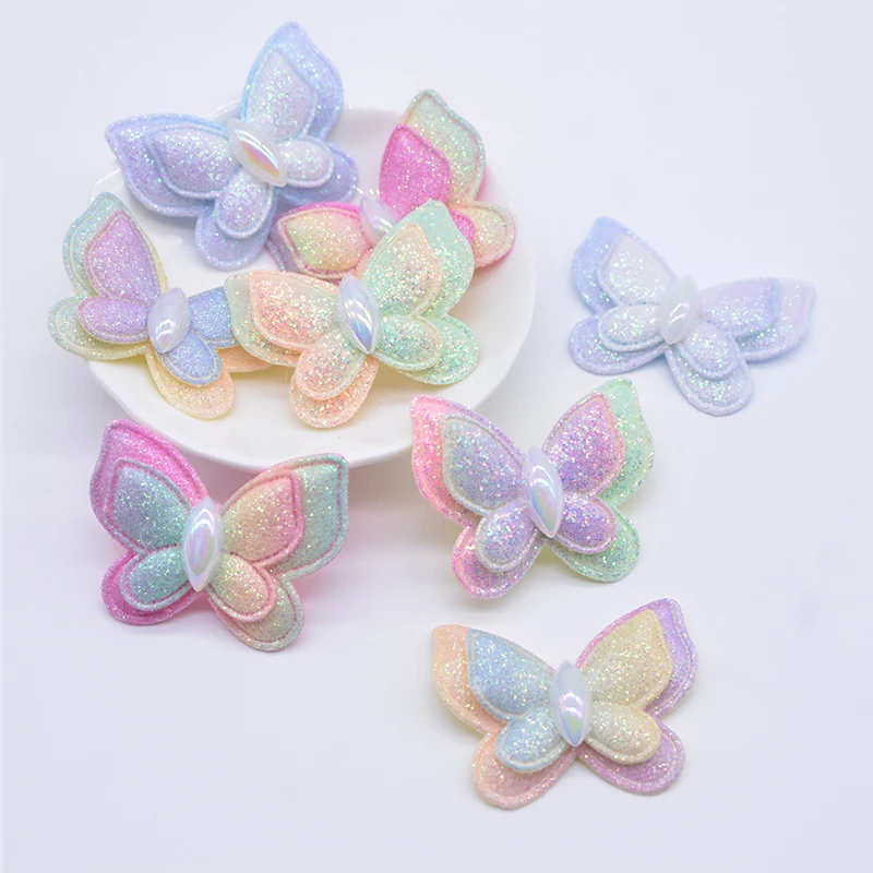 10Pcs 42*32mm Glitter Butterfly Padded Appliques for DIY Clothes Hat Shoes Sewing Patches Headwear Hair Clips Bow Decor