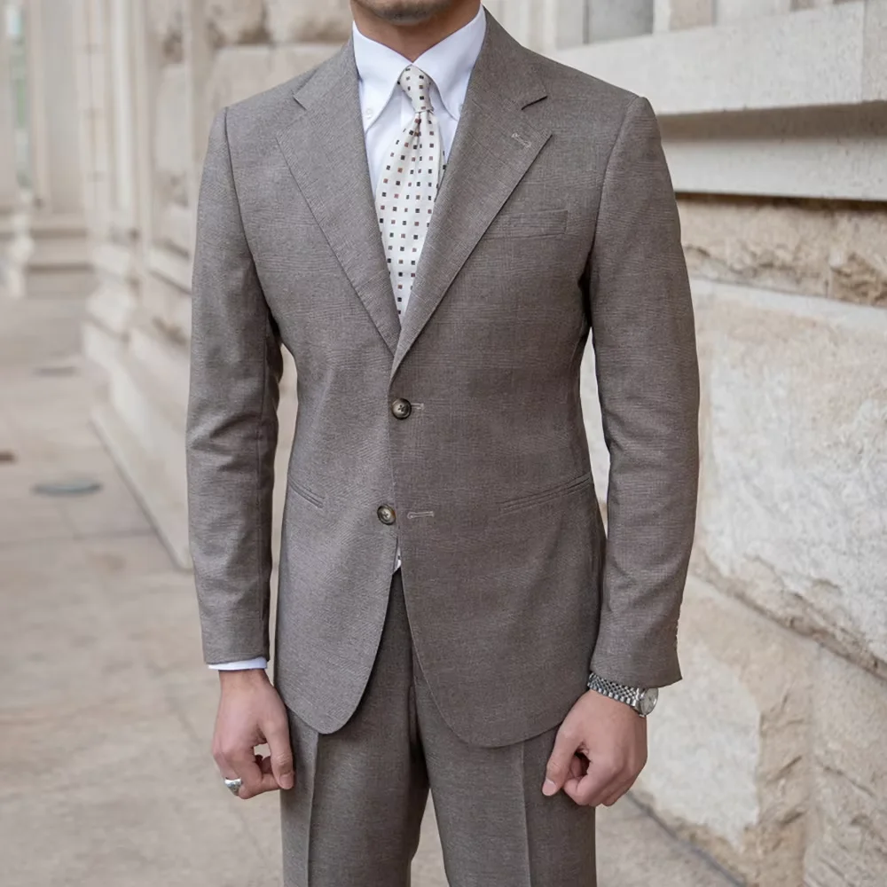 

Solid Color Suit For Men Fashion Notched Lapel 2 Pieces Wedding Groom Evening Party British Style Slim Fit Outfits Jacket Pants
