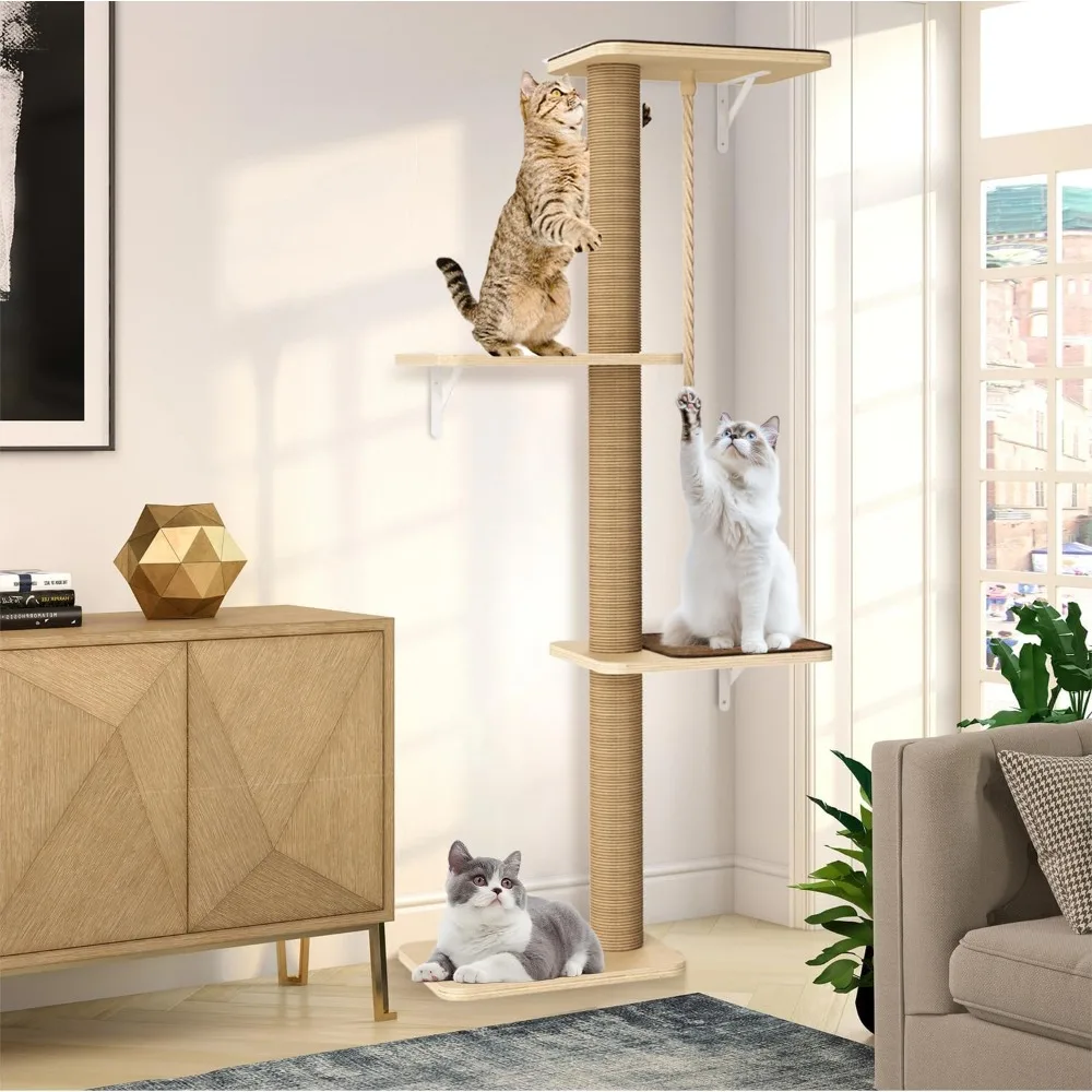 

Cat Tree Wall Mounted 4 Tier at Climbing Wall Shelves with Scratcher Post for Indoor Cats Activity, Large Cat Wall Furniture