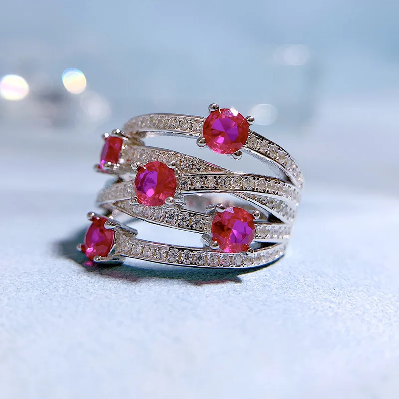 KQDANCE 925 Sterling Silver Line Cross Emerald Cut Create Ruby Diamond Rings With Red Gem Stones Wedding Jewelry for Women 2022