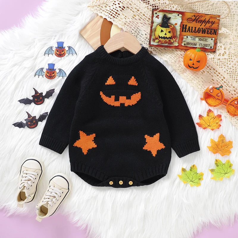 Halloween Baby Bodysuits Clothes 0-18m Infant Boys Girls Orange Black Onesie Long Sleeve O Neck Knitting Newborn Netural Outfits