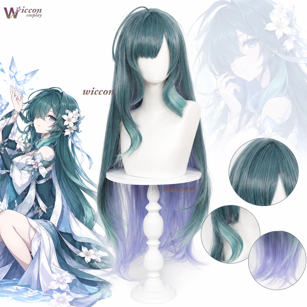YesOk Anime Game Genshin Impact Cosplay Vodyanitsa Long Dark Green Wigs Inner Color Purple Synthetic Hair Halloween Party