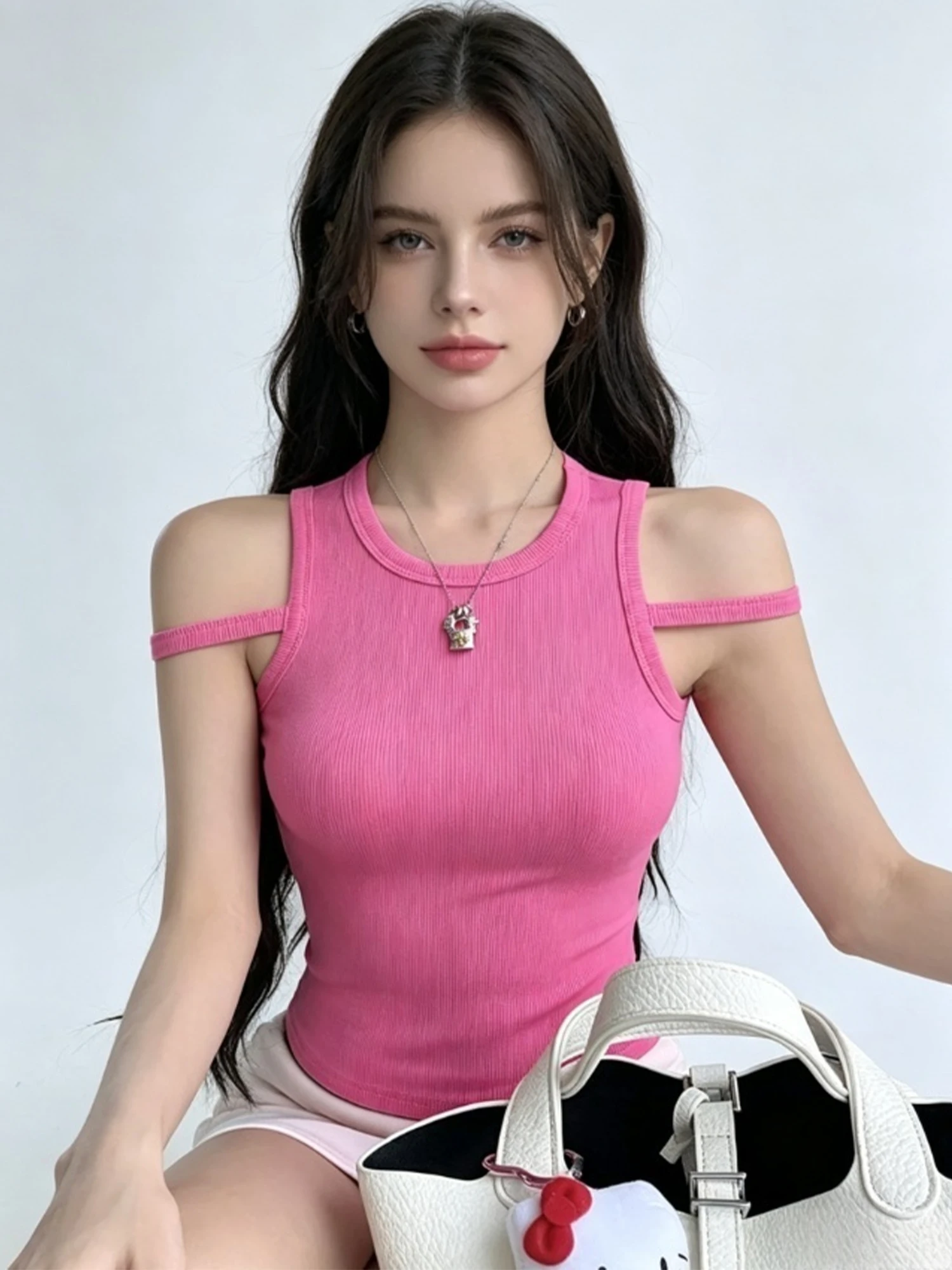 Women's Pink Cami Top Y2K Gyaru Emo Camisole Off Shoulder Sleeveless Cropped Top Sexy Vintage Elegant Tank Top for Women Summer