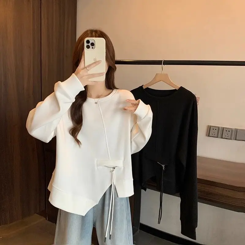 Women\'s Clothing Korean Irregular Pullovers Solid Color Basic Spring Autumn Chic Asymmetrical Spliced Casual Loose Sweatshirts