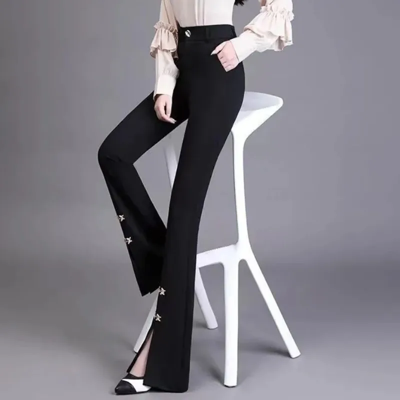 Women's High Waist Flare Pants Split Hem Rhinestone Embellished Tailored Trousers Casual Office Wear