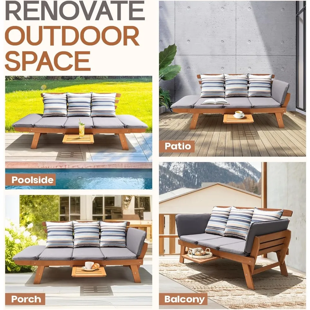 Umwandelbares Outdoor-Sofa, Terrassencouch mit 750 Pfund Kapazität, klappbarer Armlehne und Kaffeetablett, FSC-zertifiziertes Holzmöbel-Set