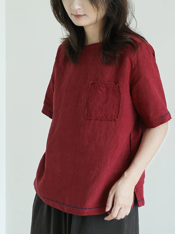 

Красная льняная свободная женская футболка с коротким рукавом, летняя новинка, универсальный повседневный дизайн, модный топ для женщин