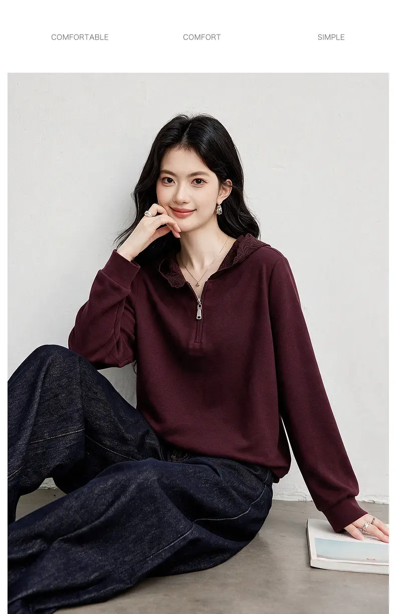 VIMLY Women's Hooded Sweatshirt 2026 Autumn Elegant Lace Trim Splicing Casual Pullover Fashion Long Sleeve Top Ladies A7628