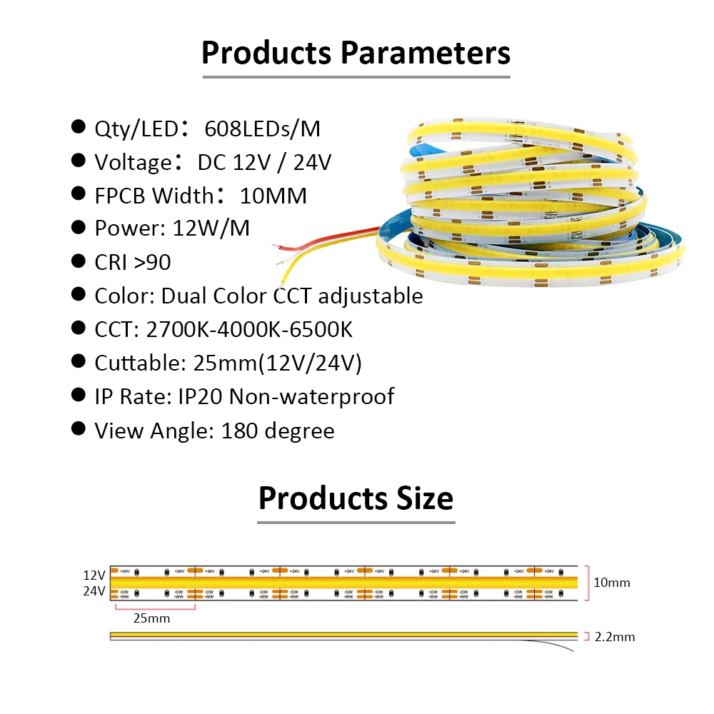 5M COB CCT LED 스트립, 12V 24V DC 608LED, FCOB LED 조명, 조도 조절 듀얼 화이트 컬러, 10mm PCB 고밀도 유연한 Ra90 선형 테이프