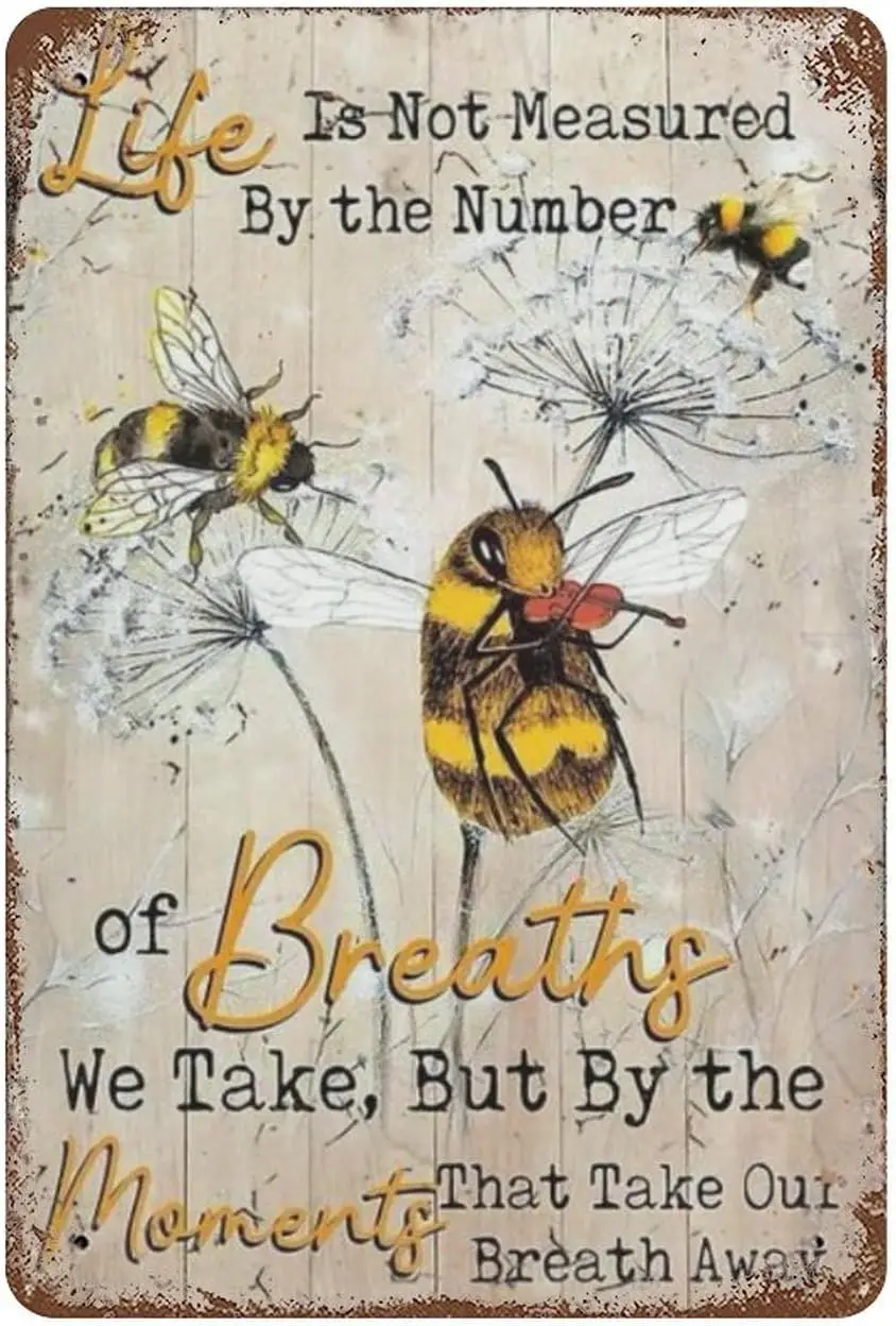Vintage Hippie Cute Bee and Dandelion Floral Plant Metal Tin Sign Poster Garden Man Cave Garage Classroom Library Living Room De