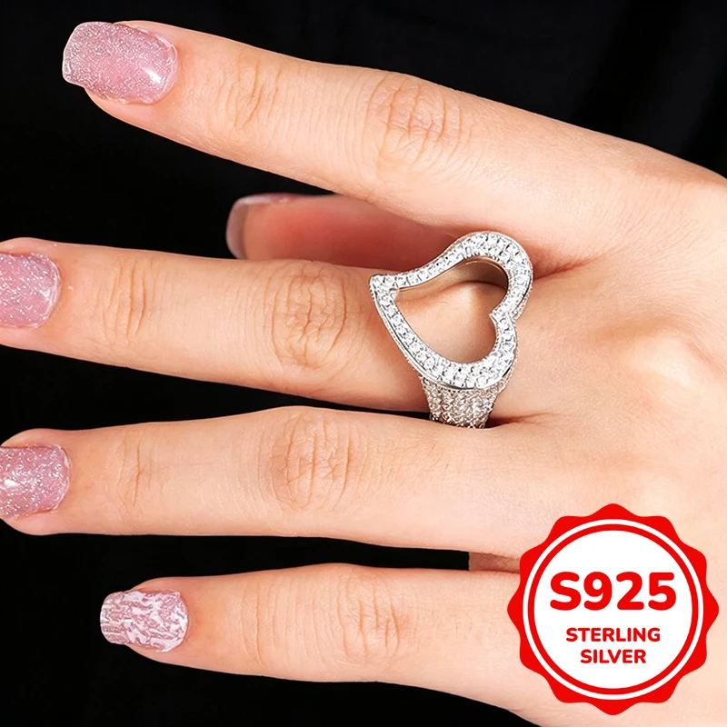 NEW Genuine 925 Sterling Silver Iced Out Double Heart Ring Women Full Micro‑Pave CZ Zircon Statement Wide Hip‑Hop Jewelry Gift
