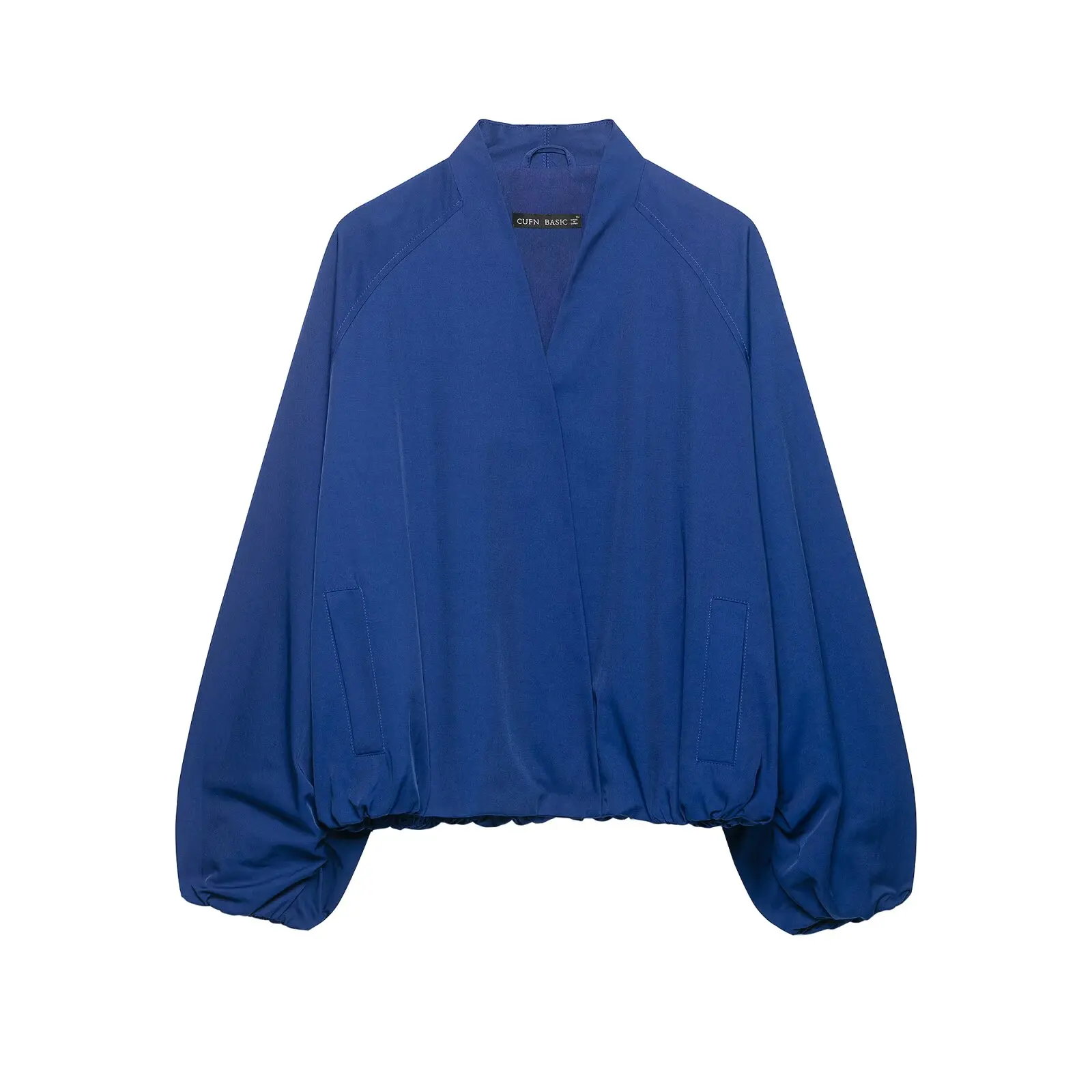 2026 Spring Autumn Women's Elegant Cropped Short Blue Flight Bomber Jackets Lady Vintage Chic Loose Fit Long Sleeve V-neck Coats