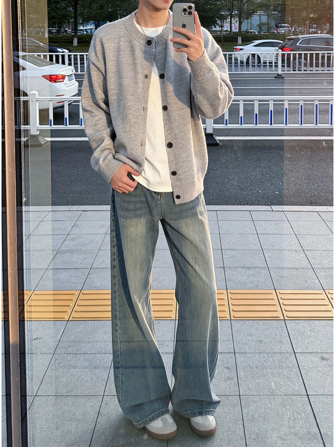 

Blue Bamboo Bud Pattern Men's Spring American High Street Vibe Flared Jeans CleanFit Drapey Loose Straight Tube Pants