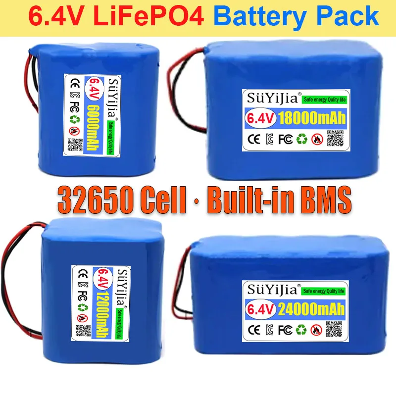 6.4V LiFePO4 Battery Pack 6Ah 12Ah 18Ah 24Ah Built-in BMS 32650 Cell Lithium Iron Phosphate for Solar Light Street Light