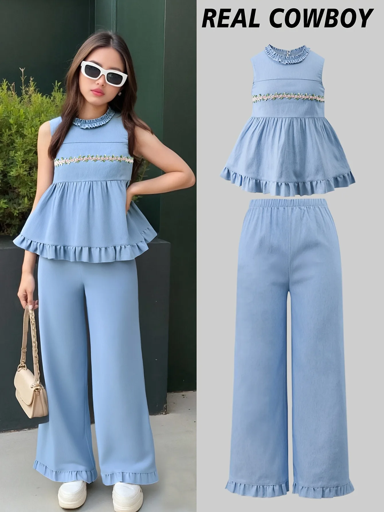 Girls 2 Piece Real Cowboy Denim Outfit Ruffle Hem Sleeveless Babydoll Top & Wide Leg Pants Kids Casual Summer Set