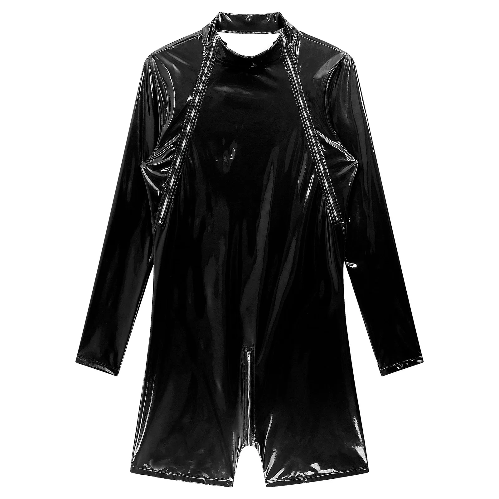 Latex Leotard Bodysuit Men\'s One Piece Wet Look PVC Leather Zipper Crotch Jumpsuit Romper Long Sleeve Wrestling Singlet Clubwear