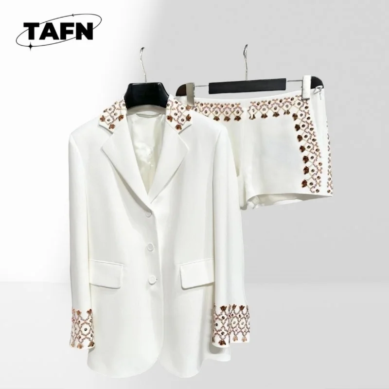 WOOL Women Embroidery Blazer Shorts Two‑Piece Set Lapel Long Sleeve Suit Jacket High Waist Short Pants Elegant Party BH1615
