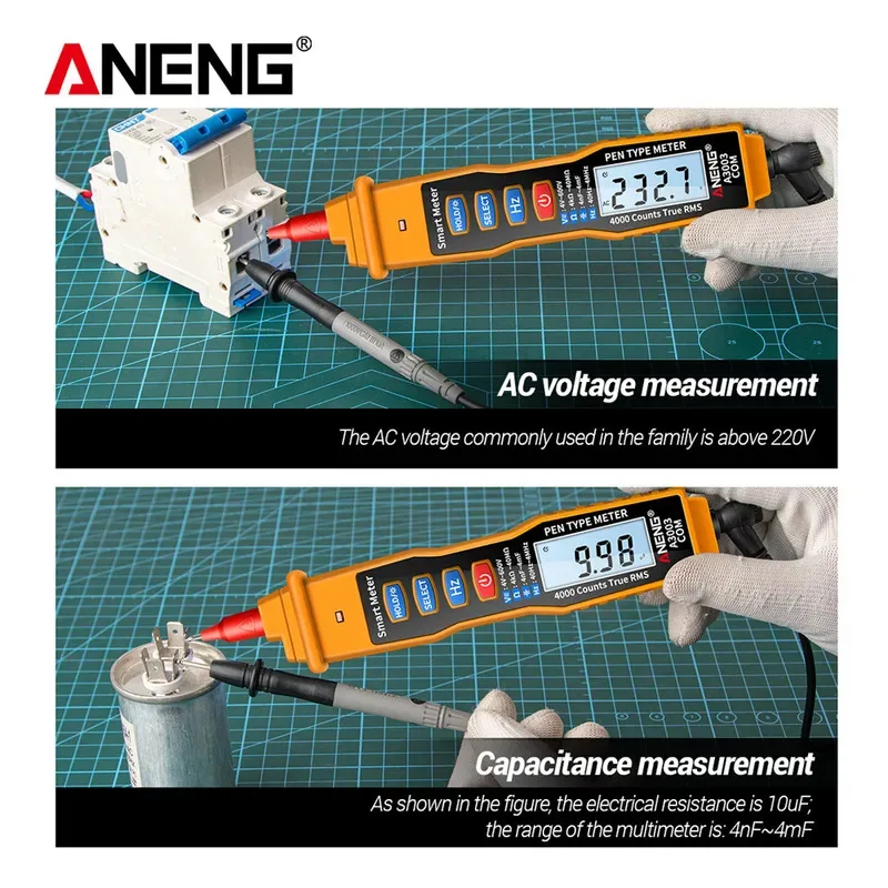 ANENG A3003 Digital Multimeter Pen Type Meter 4000 Counts with Non Contact AC/DC Voltage Resistance Capacitance Hz Tester Tool