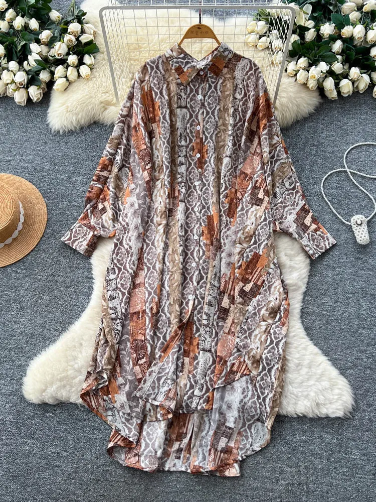 2026 جديد الخريف المرأة موضة ترتيب الأسرة طوق فستان بكم طويل فضفاض عادية واحدة الصدر قميص مطبوع فستان #1