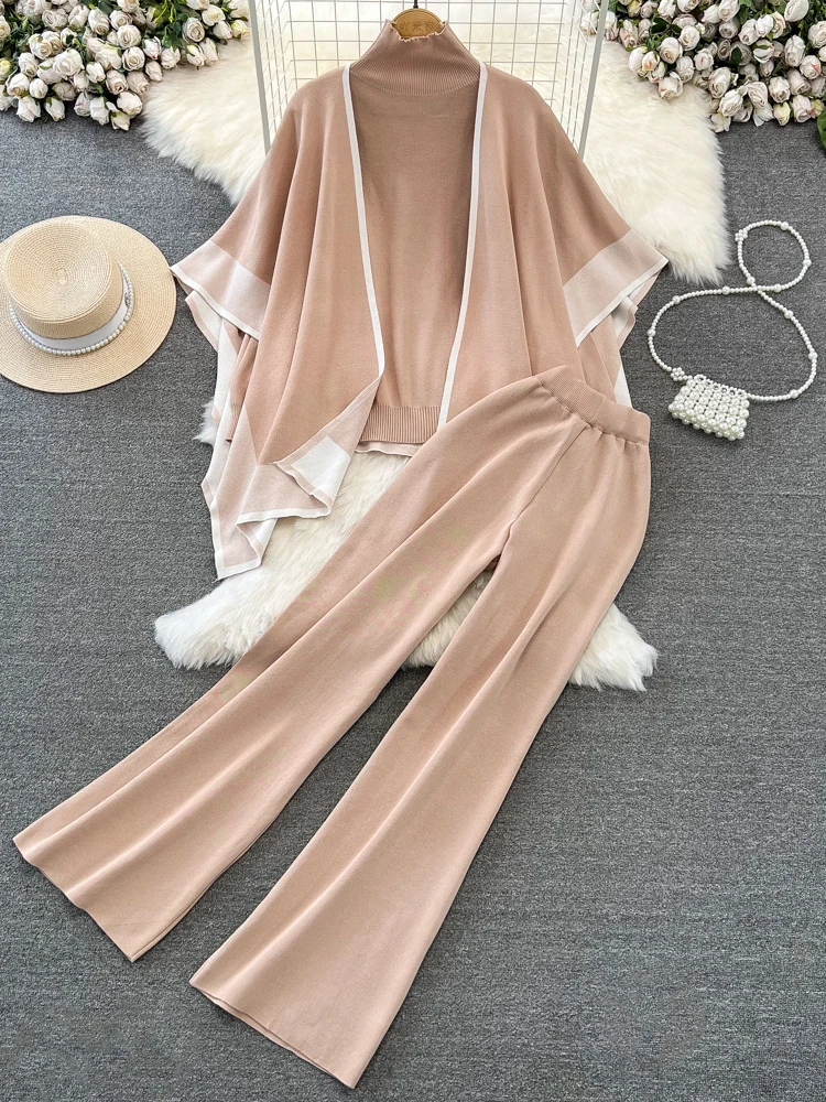 

Shawl Knit Sweater Three Piece Sets Women Loose Wide Leg Pants Casual Jacket Solid Sweater Autumn Winter Suits