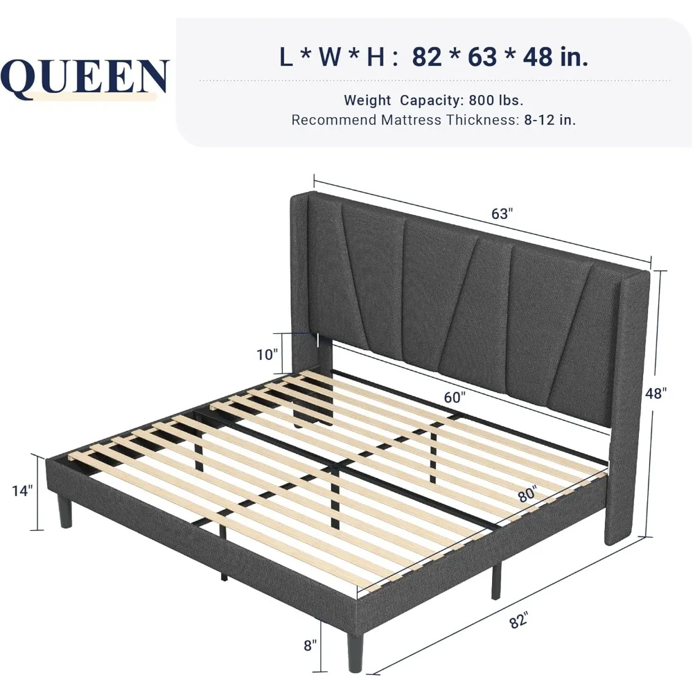 Queen Size Platform Bed Frame with Geometric Wingback Headboard, Modern Upholstered Bed with Wooden Slats Support, Dark Grey